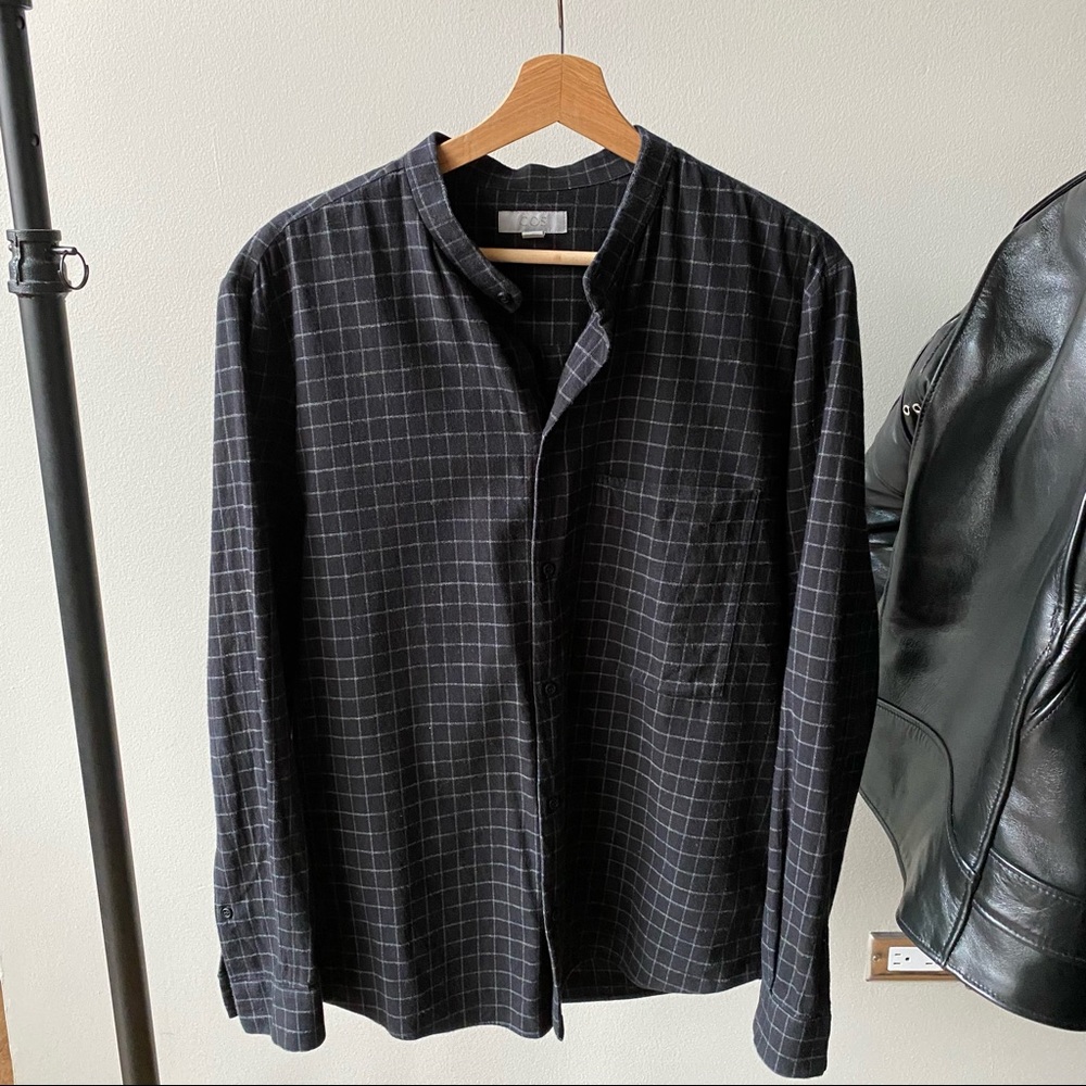 Cos Black Grey Grid button up with mock collar.